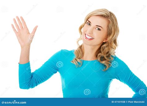 portrait   woman waving   camera stock photo image