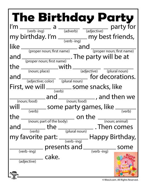birthday party mad libs esl teaching resources teaching kids school