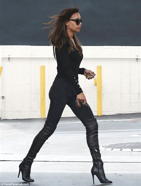 black clad naya rivera struts in sexy thigh high boots for day of beauty in la daily mail online