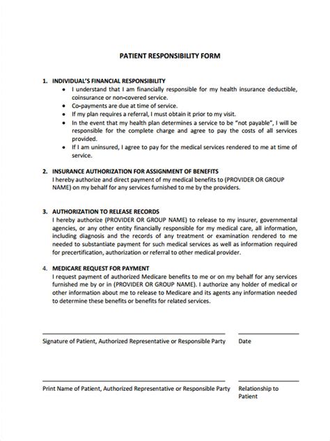 printable medical patient financial responsibility form template