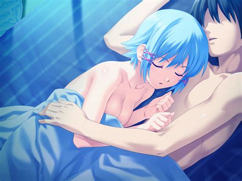 bed blue hair game cg himuro rikka koutaro nude short hair sleeping tropical kiss twinkle