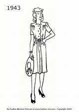 1943 Fashion 1940 Dresses Dress Drawings Silhouette 1950 1940s Silhouettes Drawing History Pages Timeline 1944 Skirt Vintage Coloring Costume Shoulders sketch template