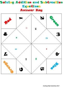 solving addition  subtraction equations cootie catcher fortune teller