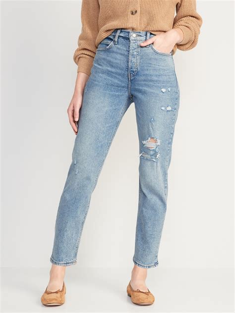 extra high waisted button fly sky hi straight ripped jeans for women