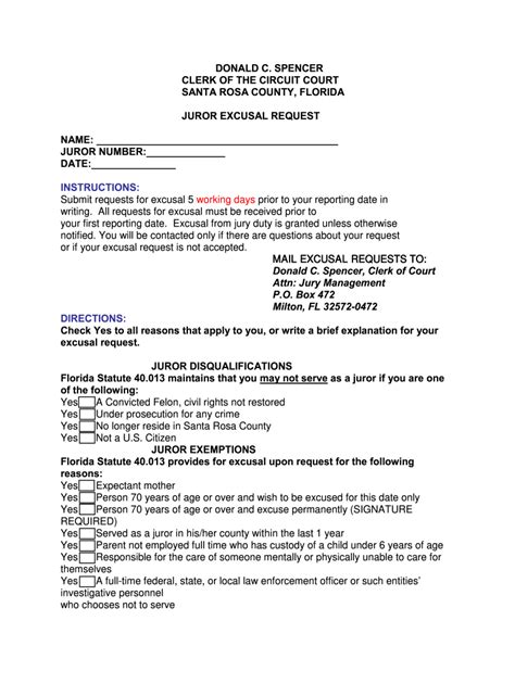 juror excusal request form fill  printable fillable blank