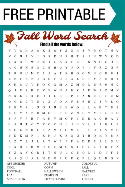 fall word search  printable worksheet