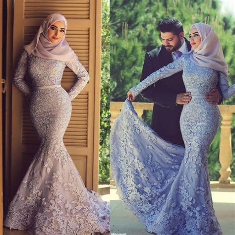 muslim hijab evening dresses long sleeve lace mermaid elegant purple