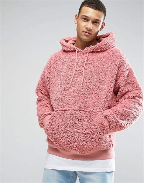asos oversized hoodie  borg pink zip  hoodies mens sweatshirts hoodies men pink men