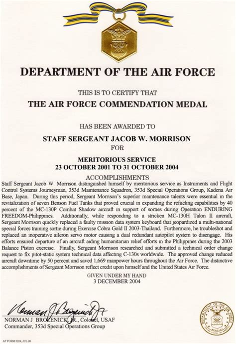 air force commendation medal template
