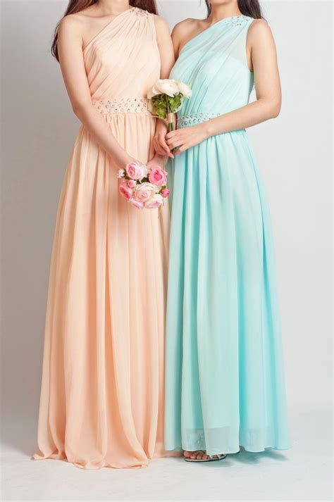 peach  sky blue wedding ideas  shoulder long peach  light blue bridesmaid dresses