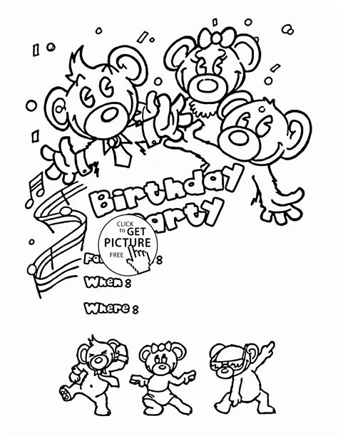 birthday party card  teddy bears coloring page  kids holiday