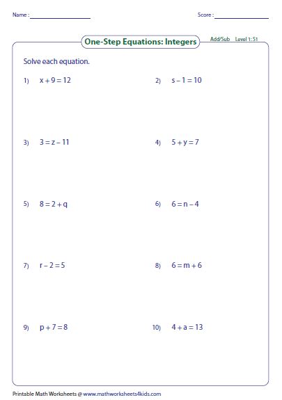 solving  step equations addition  subtraction worksheet answers