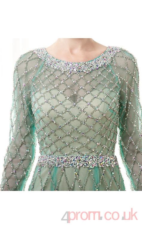 Light Turquoise Tulle Sheath Column Scoop 3 4 Length Sleeve Prom Dress