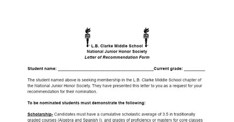 national honor society letter  recommendation sample  template