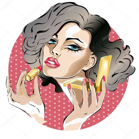 pin up woman makes makeup applying red lipstick on lips pop art style