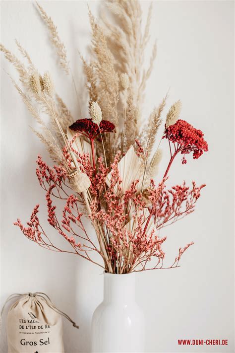 getrocknete blumen gesteck vase rot natur dunicheri
