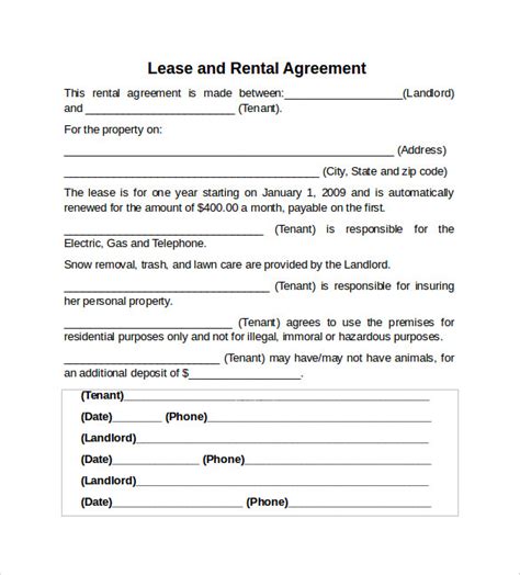 sample rental lease agreement templates   ms word