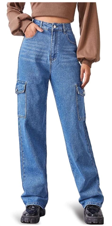classic denim high waist pants   pocket styling paired    trend wide leg