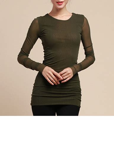 womens t shirt olive green long sleeve round collar