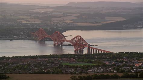 stock footage aerial video   bridge  firth   edinburgh scotland  sunset