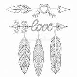 Coloring Pages Feathers Adult Arrows Bohemian Set Vector Boho Indian Stock Illustration Henna Tattoo sketch template