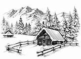 Cabin Winter Drawing Mountains Mountain Drawings Sketch Landscape Line Illustration Pencil Stock Snow Sketches Old Clipart Christmas Vector Scene Snowy sketch template