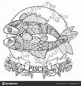 Pisces Piscis Signo Zodiaco Vectorstock Vissen Ilustración Kleurplaten Zentangle Volwassenen Afkomstig Alexanderpokusay sketch template