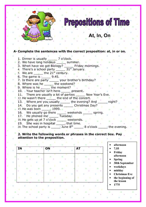 prepositions  time elementary worksheet