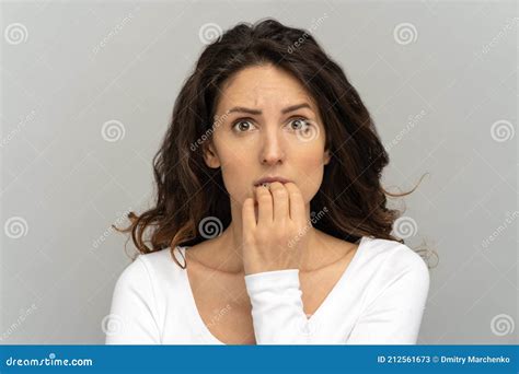 Shy Awkward Young Woman Biting Nails Feeling Embarrassed Confused And
