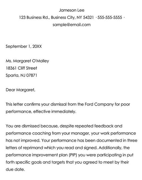 sample employee termination letters due  poor performance