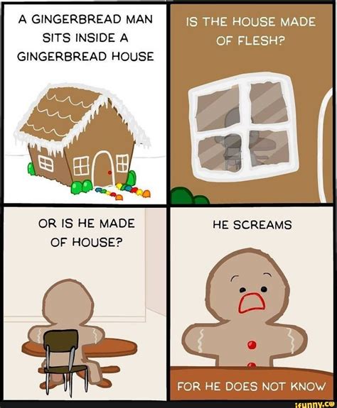 gingerbread man sits   gingerbread house
