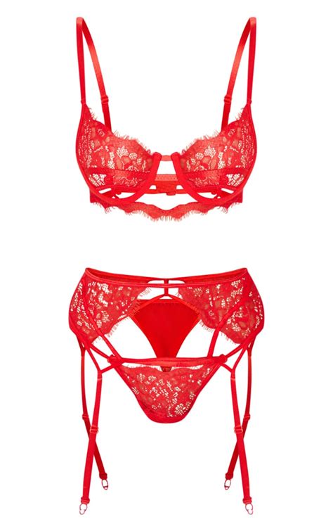 red eyelash lace strappy 3 piece lingerie set prettylittlething aus