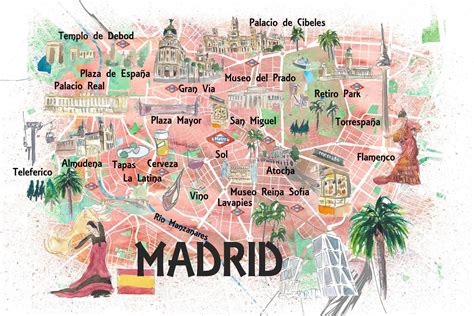 madrid spain illustrated travel map  roads landmarks  tourist highlights fine art print