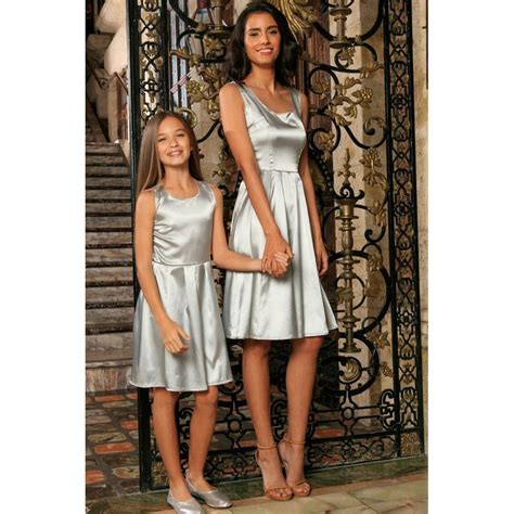 Silver Grey Sleeveless Skater Fit And Flare Party Mother Daughter Dress
