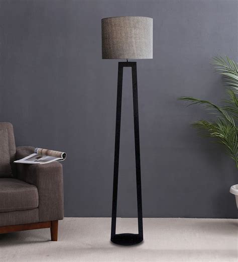 buy grey fabric shade floor lamp  black base   black steel