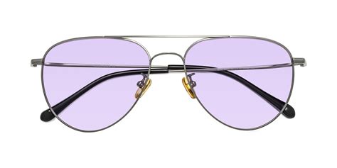 Gunmetal Classic Titanium Aviator Tinted Sunglasses With Light Purple