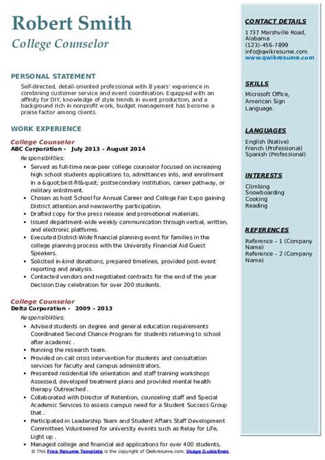 college counselor resume samples qwikresume