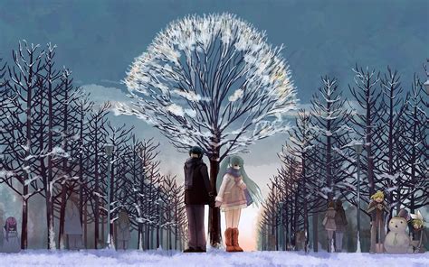 Wallpaper Anime Love Sky Snow Winter Branch Ice Frost Couple