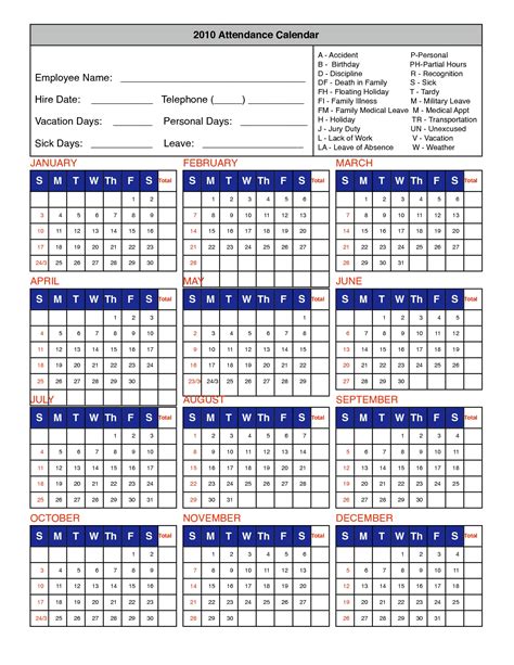 attendance calendars  employee template calendar template printable