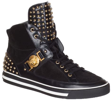 versace mens black leather suede high top stud sneakers shoes
