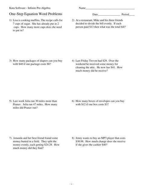 linear equations   variables word problems worksheet kuta