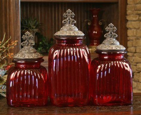 Red Decorative Glass Canister Set With Cross Lids Set Of