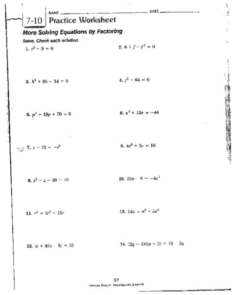 solving quadratic equations  factoring worksheet answers