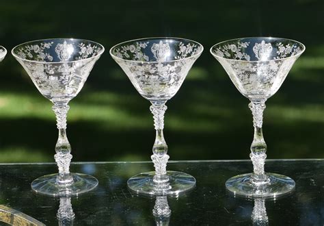 vintage etched cocktail martini glasses set   cambridge rose point circa