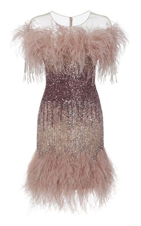 illusion neckline ostrich feather and sequin embroidered cocktail dress