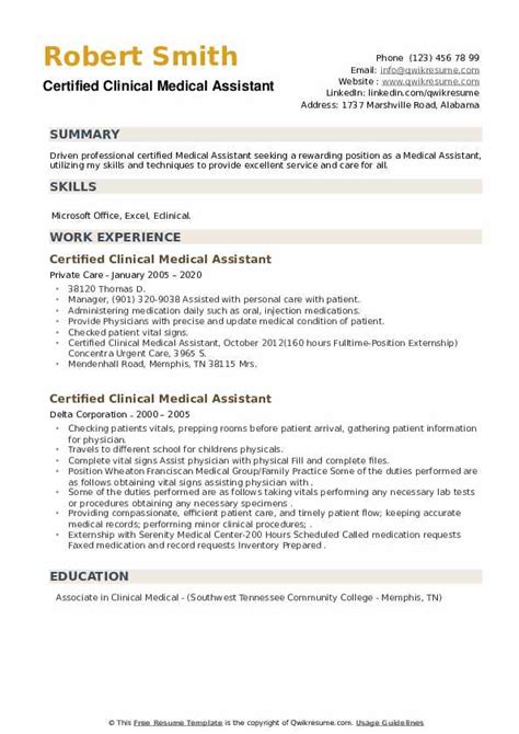 certified clinical medical assistant resume samples qwikresume