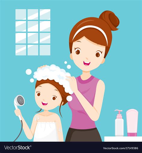 Mother Washing Daughter Hair In Bathroom Vector Image