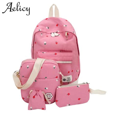Aelicy Women Backpack 4 Pcs Set Canvas Printing Backpacks Women Cute