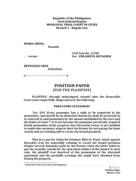 position paper lease eviction   day trial scribd
