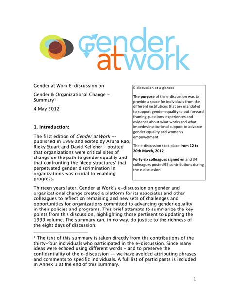 Pdf Gender At Work E Discussion Summary On Gender And Organizational
